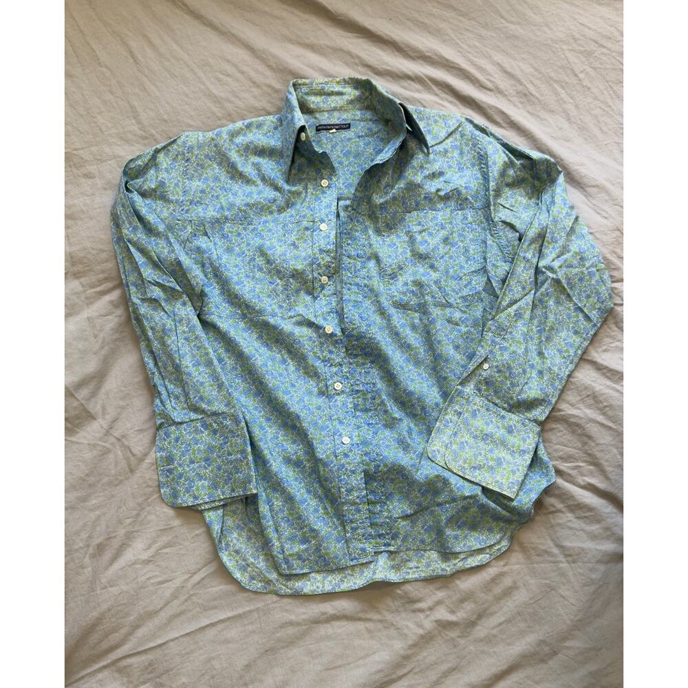 VINTAGE Pierre Henri MATTOUT Men's Blue and Green Floral Print Button Down Shirt